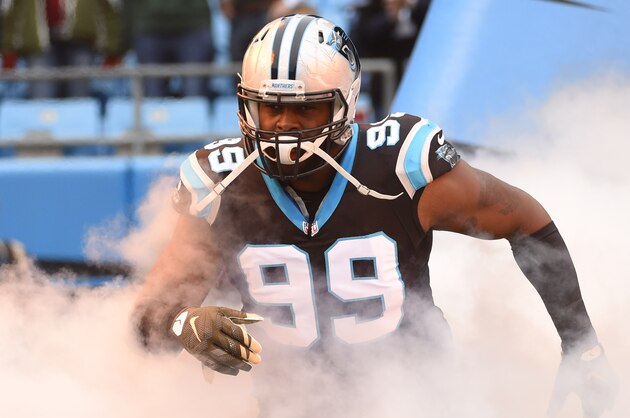 Nov 8, 2015; Charlotte, NC, USA; Carolina Panthers defensive tackle Kawann Short (99) is introduced before the game at Bank of America Stadium. Mandatory Credit: Bob Donnan-USA TODAY Sports