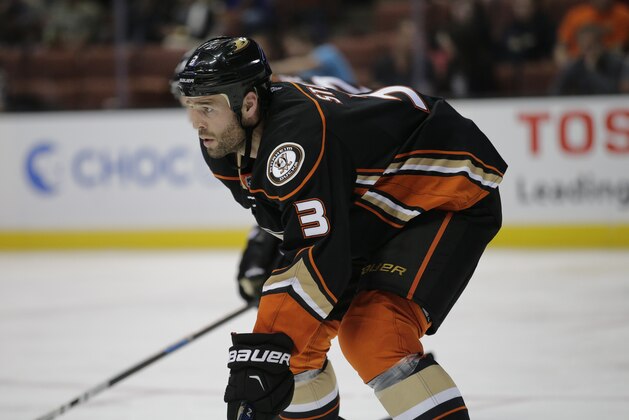 Anaheim Ducks' Clayton Stoner watches during the third period of an NHL preseason hockey game against the Colorado Avalanche, Thursday, Oct. 1, 2015, in Anaheim, Calif. The Ducks won 3-0. (AP Photo/Jae C. Hong)