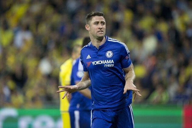 Chelsea’s Gary Cahill celebrates his opening goal against Maccabi Tel Aviv during group G Champions League soccer match in Haifa, Israel, Tuesday, Nov. 24, 2015. (AP Photo/Ariel Schalit)