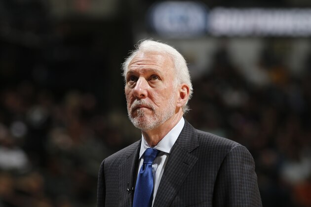 SAN ANTONIO, TX - DECEMBER 11:  Head Coach Gregg Popovich of the San Antonio Spurs looks on during the game against the Los Angeles Lakers on December 11, 2015 at the AT&T Center in San Antonio, Texas. NOTE TO USER: User expressly acknowledges and agrees that, by downloading and or using this photograph, user is consenting to the terms and conditions of the Getty Images License Agreement. Mandatory Copyright Notice: Copyright 2014 NBAE (Photos by Chris Covatta/NBAE via Getty Images)