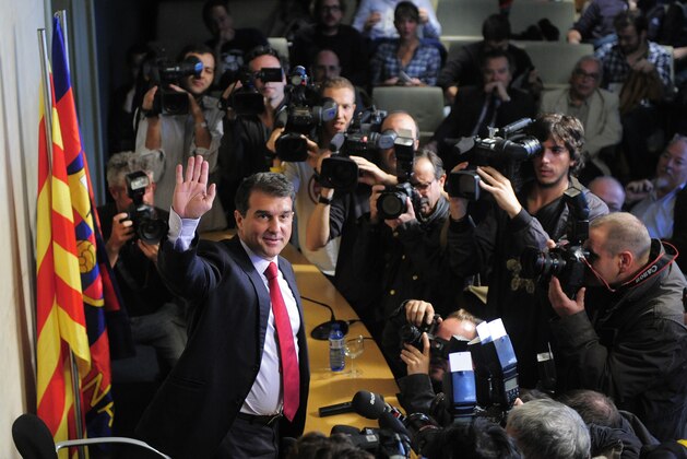 Barcelona's former president Joan Laporta attends a press conference in Barcelona, Spain, Monday, Oct. 18, 2010.  Barcelona's current president Sandro Rosell says the club will cut back spending to help reduce its debts of more than $563 million, blaming predecessor Joan Laporta for the club's poor financial state. (AP Photo/Manu Fernandez)