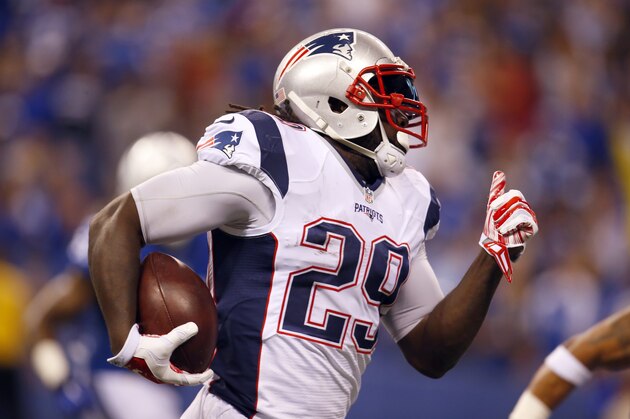 New England Patriots running back LeGarrette Blount (29) runs with the ball for a touchdown against the Indianapolis Colts during an NFL football game in Indianapolis, Sunday, Oct. 18, 2015.  (Jeff Haynes/AP Images for Panini)