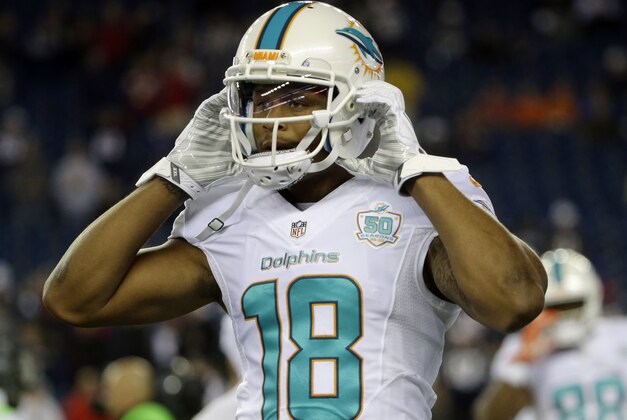 Miami Dolphins wide receiver Rishard Matthews adjusts his helmet before an NFL football game against the New England Patriots, Thursday, Oct. 29, 2015, in Foxborough, Mass. (AP Photo/Steven Senne)