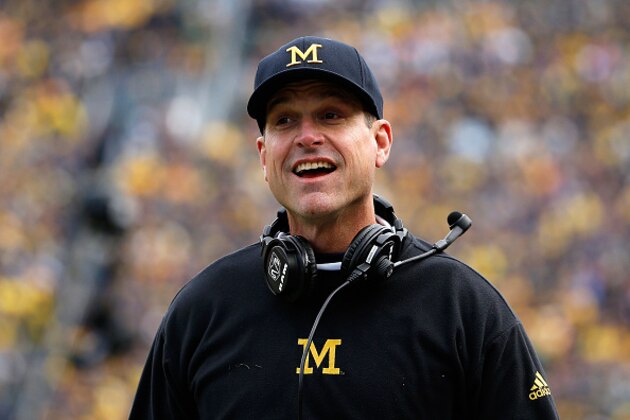 ANN ARBOR, MI - OCTOBER 17:  Head coach Jim Harbaugh of the Michigan Wolverines reacts on the sidlines during the first quarter of the college football game against the Michigan State Spartans at Michigan Stadium on October 17, 2015 in Ann Arbor, Michigan.  (Photo by Christian Petersen/Getty Images)