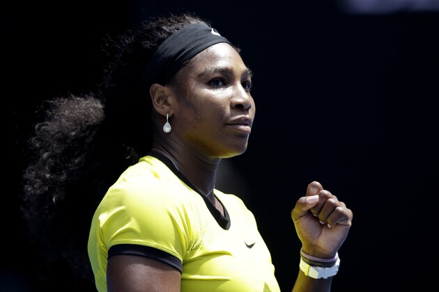 Serena Williams of the United States celebrates after defeating Maria Sharapova of Russia in their quarterfinal match at the Australian Open tennis championships in Melbourne, Australia, Tuesday, Jan. 26, 2016.(AP Photo/Aaron Favila)
