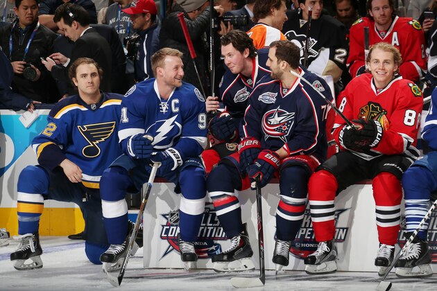 COLUMBUS, OH - JANUARY 24:  Kevin Shattenkirk #22 of the St. Louis Blues and Team Foligno, Steven Stamkos #91 of the Tampa Bay Lightning and Team Foligno, Ryan Johansen #19 of the Columbus Blue Jackets and Team Foligno, Nick Foligno #71 of the Columbus Blue Jackets and Team Foligno and Patrick Kane #88 of the Chicago Blackhawks and Team Foligno interact during the Honda NHL Breakaway Challenge event of the 2015 Honda NHL All-Star Skills Competition at Nationwide Arena on January 24, 2015 in Columbus, Ohio.  (Photo by Bruce Bennett/Getty Images)