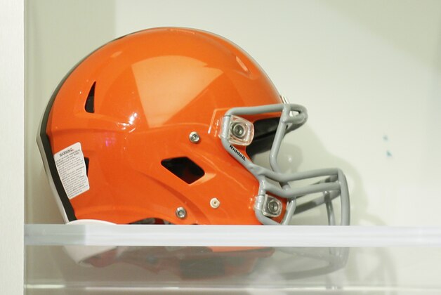 A Cleveland Browns NFL football helmet is seen on display on the set of the NFL Network studios during a media availability, Wednesday, Sept. 9, 2015, in Culver City, California. (AP Photo/Danny Moloshok)