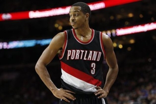 Portland Trail Blazers' C.J. McCollum looks on during the second half of an NBA basketball game against the Philadelphia 76ers, Saturday, Jan. 16, 2016, in Philadelphia. The 76ers won 114-89. (AP Photo/Chris Szagola)