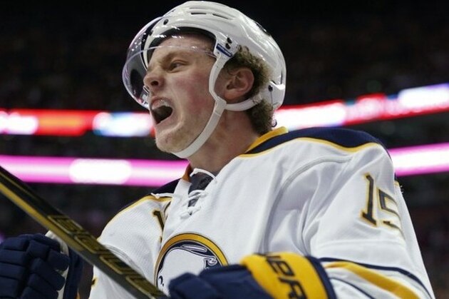Buffalo Sabres' Jack Eichel celebrates his goal during the third period of an NHL hockey game against the Boston Bruins in Boston, Saturday, Dec. 26, 2015. The Sabres won 6-3. (AP Photo/Michael Dwyer)