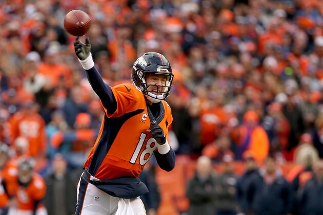 DENVER, CO - JANUARY 24:  Peyton Manning #18 of the Denver Broncos throws the ball against the New England Patriots in the AFC Championship game at Sports Authority Field at Mile High on January 24, 2016 in Denver, Colorado. The Broncos defeated the Patriots 20-18.  (Photo by Doug Pensinger/Getty Images)