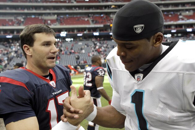 Carolina Panthers quarterback Cam Newton (1) shakes hands with Houston Texans quarterback Jake Delhomme (17) after their NFL football game on Sunday, Dec. 18, 2011, in Houston. The Panthers defeated the Texans 28-13. (AP Photo/David J. Phillip)