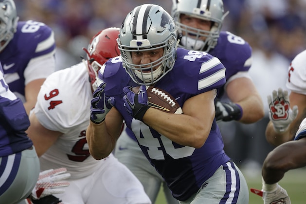 Kansas State fullback Glenn Gronkowski during the first half of an NCAA college football game against South Dakota in Manhattan, Kan., Saturday, Sept. 5, 2015. (AP Photo/Orlin Wagner)