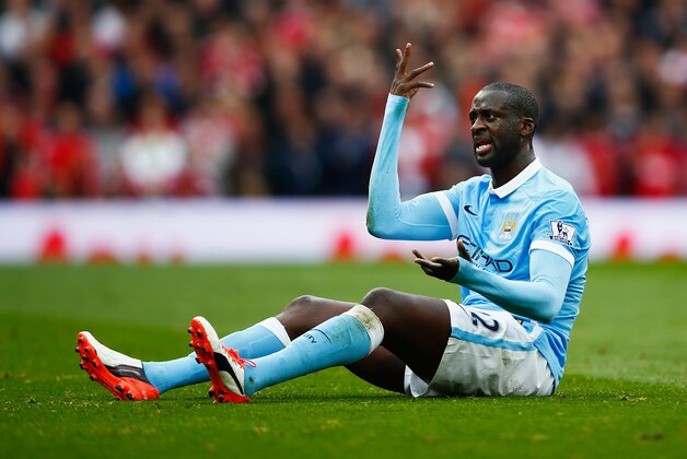 MANCHESTER, ENGLAND - OCTOBER 25: Yaya Toure of Manchester City reacts during the Barclays Premier League match between Manchester United and Manchester City at Old Trafford on October 25, 2015 in Manchester, England.  (Photo by Clive Rose/Getty Images)
