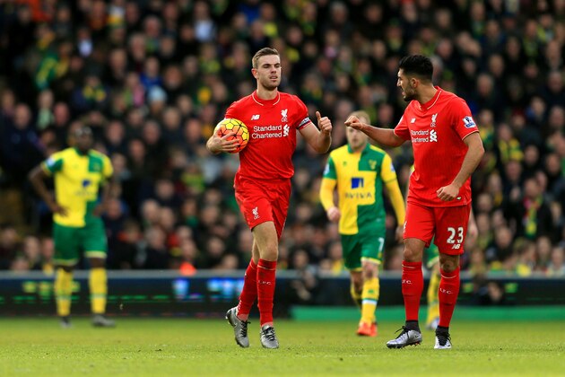 NORWICH, ENGLAND - JANUARY 23:  Jordan Henderson (L) of Liverpool celebrate with Emre Can (R) after scoring his team's second goal during the Barclays Premier League match between Norwich City and Liverpool at Carrow Road on January 23, 2016 in Norwich, England.  (Photo by Stephen Pond/Getty Images)