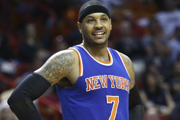 New York Knicks' Carmelo Anthony (7) smiles during the second half of an NBA basketball game against the Miami Heat, Wednesday, Jan. 6, 2016, in Miami. The Knicks defeated the Heat 98-90. (AP Photo/Lynne Sladky)