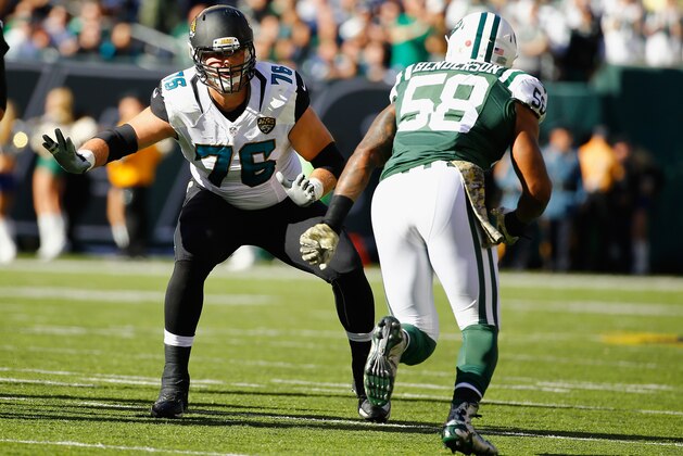 EAST RUTHERFORD, NJ - NOVEMBER 08:  Luke Joeckel #76 of the Jacksonville Jaguars defends against  Erin Henderson #58 of the New York Jets during their game at MetLife Stadium on November 8, 2015 in East Rutherford, New Jersey.  (Photo by Al Bello/Getty Images)