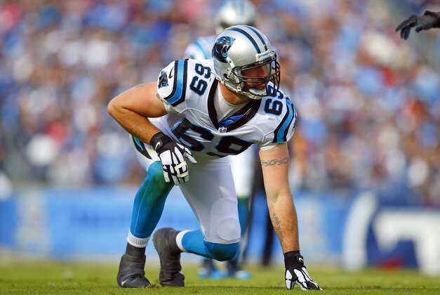 Carolina Panthers defensive end Jared Allen (69) lines up against the Tennessee Titans during an NFL football game Sunday, Nov. 15, 2015, in Nashville, Tenn. The Panthers won 27-10.  (Jeff Haynes/AP Images for Panini)