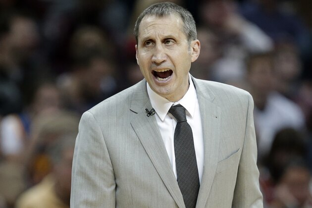 Cleveland Cavaliers head coach David Blatt yells to players in the second half of an NBA basketball game against the Golden State Warriors, Monday, Jan. 18, 2016, in Cleveland. The Warriors won 132-98.  (AP Photo/Tony Dejak)
