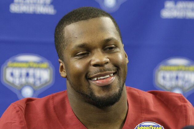 Alabama linebacker Reggie Ragland (19) smiles during the media day for the NCAA Cotton Bowl college football game Tuesday, Dec. 29, 2015, in Arlington, Texas. (AP Photo/LM Otero)