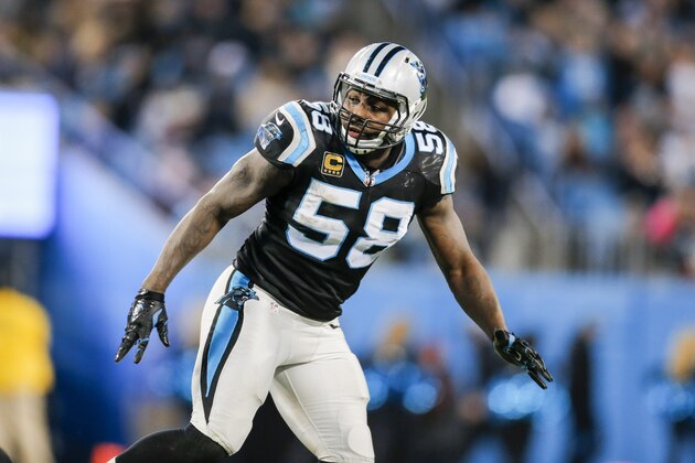 Carolina Panthers outside linebacker Thomas Davis (58) against the Tampa Bay Buccaneers during an NFL game in Charlotte, N.C. on Sunday, Jan. 3, 2016. (Chris Keane/AP Images for Panini)