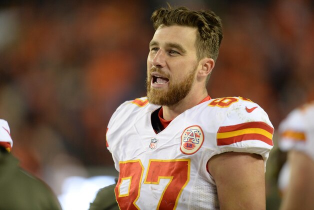 Nov 15, 2015; Denver, CO, USA; Kansas City Chiefs tight end Travis Kelce (87) during the fourth quarter against the Denver Broncos at Sports Authority Field at Mile High. Mandatory Credit: Ron Chenoy-USA TODAY Sports