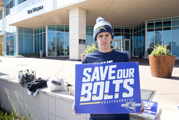 Jan 12, 2016; Houston, TX, USA; San Diego Chargers fan Richard Farley holds a sign supporting his team while owners meet at the 2016 NFL Owners meeting at the Westin Houston.  Mandatory Credit: Thomas B. Shea-USA TODAY Sports