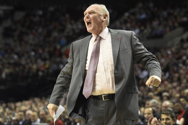 Sacramento Kings head coach George Karl reacts to a call during the first half of an NBA basketball game against the Portland Trail Blazers in Portland, Ore., Tuesday, Jan. 26, 2016. Karl received a technical foul. (AP Photo/Steve Dykes)