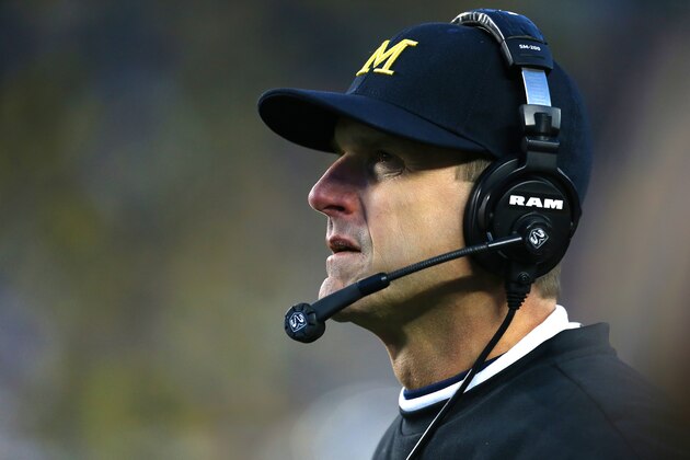 ANN ARBOR, MI - OCTOBER 17:  Head coach Jim Harbaugh of the Michigan Wolverines watches from the sidelines in the third quarter against the the Michigan State Spartans at Michigan Stadium on October 17, 2015 in Ann Arbor, Michigan. (Photo by Rey Del Rio/Getty Images)