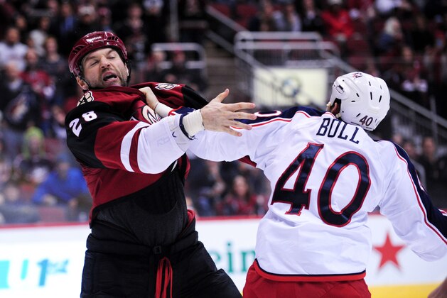 Dec 17, 2015; Glendale, AZ, USA; Arizona Coyotes left wing John Scott (28) and Columbus Blue Jackets right wing Jared Boll (40) fight during the second period at Gila River Arena. Mandatory Credit: Matt Kartozian-USA TODAY Sports Dec 17, 2015; Glendale, AZ, USA; Arizona Coyotes left wing John Scott (28) and Columbus Blue Jackets right wing Jared Boll (40) fight during the second period at Gila River Arena. Mandatory Credit: Matt Kartozian-USA TODAY Sports