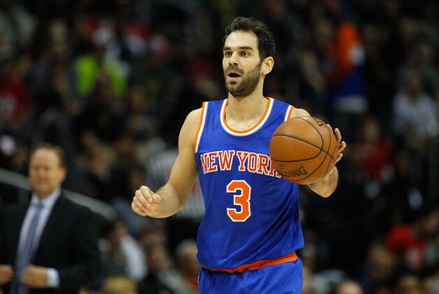 Dec 26, 2015; Atlanta, GA, USA; New York Knicks guard Jose Calderon (3) dribbles against the Atlanta Hawks in the first quarter at Philips Arena. Mandatory Credit: Brett Davis-USA TODAY Sports