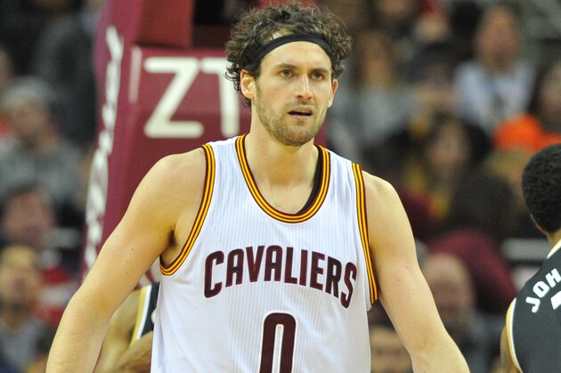 Jan 4, 2016; Cleveland, OH, USA; Cleveland Cavaliers forward Kevin Love (0) during the second quarter at Quicken Loans Arena. Mandatory Credit: Ken Blaze-USA TODAY Sports