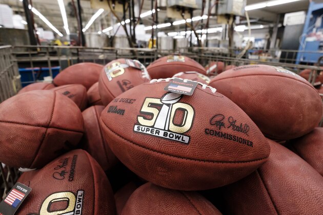 Official balls for the NFL Super Bowl 50 football game are seen in a bin prior to final inspection at the Wilson Sporting Goods Co. in Ada, Ohio, Tuesday, Jan. 26, 2016. The Denver Broncos will play the Carolina Panthers in the Super Bowl on Feb. 7 in Santa Clara, CA. (AP Photo/Rick Osentoski) Official balls for the NFL Super Bowl 50 football game are seen in a bin prior to final inspection at the Wilson Sporting Goods Co. in Ada, Ohio, Tuesday, Jan. 26, 2016. The Denver Broncos will play the Carolina Panthers in the Super Bowl on Feb. 7 in Santa Clara, CA. (AP Photo/Rick Osentoski)
