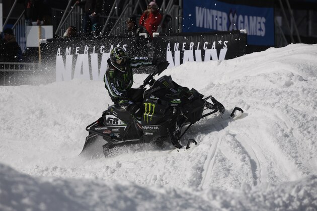 Tucker Hibbert competes in the snowmobile snocross final at the Winter X Games at Buttermilk Mountain outside Aspen, Colo., on Sunday, Jan. 31, 2010. (AP Photo/David Zalubowski)