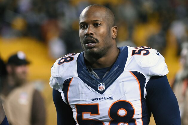 PITTSBURGH, PA - DECEMBER 20:  Linebacker Von Miller #58 of the Denver Broncos looks on from the field after a game against the Pittsburgh Steelers at Heinz Field on December 20, 2015 in Pittsburgh, Pennsylvania.  The Steelers defeated the Broncos 34-27.  (Photo by George Gojkovich/Getty Images)