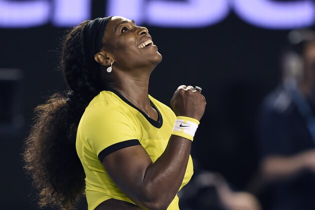 Serena Williams of the United States celebrates after defeating Agnieszka Radwanska of Poland in their semifinal match at the Australian Open tennis championships in Melbourne, Australia, Thursday, Jan. 28, 2016.(AP Photo/Andrew Brownbill)