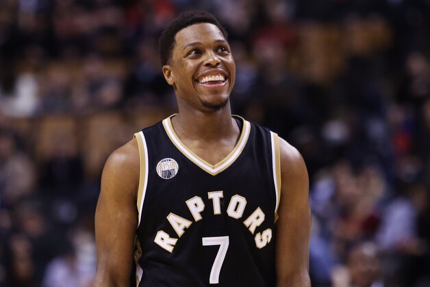 TORONTO, ON - JANUARY 28:  Kyle Lowry #7 of the Toronto Raptors smiles late in the 4th quarter during an NBA game against the New York Knicks at the Air Canada Centre on January 28, 2016 in Toronto, Ontario, Canada.  NOTE TO USER: User expressly acknowledges and agrees that, by downloading and or using this photograph, User is consenting to the terms and conditions of the Getty Images License Agreement.  (Photo by Vaughn Ridley/Getty Images)