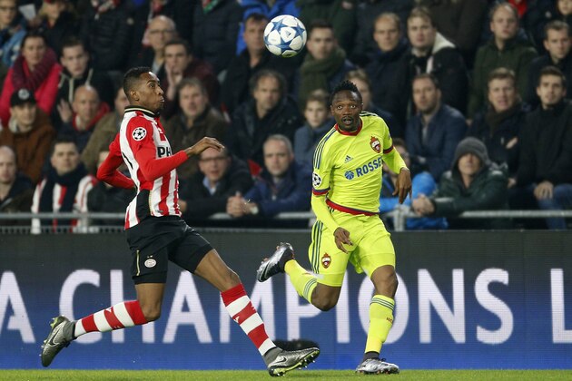 (L-R), Joshua Brenet of PSV, Ahmed Musa of CSKA Moscow during the UEFA Champions League match between PSV Eindhoven and CSKA Moscow on December 8, 2015 at the Philips stadium in Eindhoven, The Netherlands.(Photo by VI Images via Getty Images)
