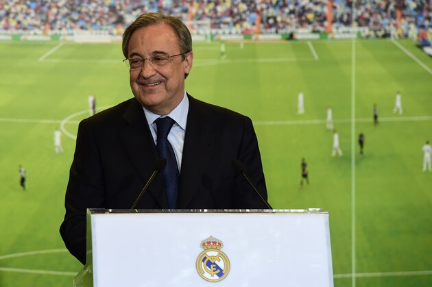Real Madrid's President Florentino Perez reacts during the presentation of Real Madrid's new German midifielder Toni Kroos at the Santiago Bernabeu stadium in Madrid on July 17, 2014. World Cup winner Toni Kroos became today Real Madrid's first high profile signing for the new season, moving from Bayern Munich on a six-year deal just days after winning the World Cup with Germany.   AFP PHOTO/ JAVIER SORIANO        (Photo credit should read JAVIER SORIANO/AFP/Getty Images)