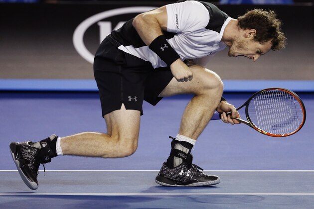 Andy Murray of Britain celebrates after winning a point against Milos Raonic of Canada during their semifinal match at the Australian Open tennis championships in Melbourne, Australia, Friday, Jan. 29, 2016.(AP Photo/Vincent Thian) Andy Murray of Britain celebrates after winning a point against Milos Raonic of Canada during their semifinal match at the Australian Open tennis championships in Melbourne, Australia, Friday, Jan. 29, 2016.(AP Photo/Vincent Thian)