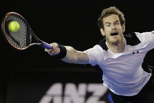Andy Murray of Britain plays a forehand return to Milos Raonic of Canada during their semifinal match at the Australian Open tennis championships in Melbourne, Australia, Friday, Jan. 29, 2016.(AP Photo/Aaron Favila)