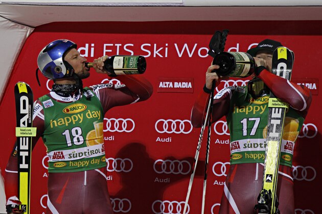 ALTA BADIA, ITALY - DECEMBER 21: (FRANCE OUT) Kjetil Jansrud of Norway takes 1st place, Aksel Lund Svindal of Norway takes 2nd place during the Audi FIS Alpine Ski World Cup Men's Parallel Giant Slalom on December 21, 2015 in Alta Badia, Italy. (Photo by Alexis Boichard/Agence Zoom/Getty Images)