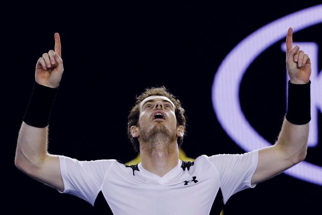Andy Murray of Britain celebrates after defeating Milos Raonic of Canada in their semifinal match at the Australian Open tennis championships in Melbourne, Australia, Friday, Jan. 29, 2016.(AP Photo/Aaron Favila)