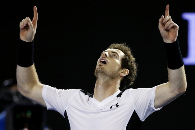 Andy Murray of Britain celebrates after defeating Milos Raonic of Canada in their semifinal match at the Australian Open tennis championships in Melbourne, Australia, Friday, Jan. 29, 2016.(AP Photo/Vincent Thian) Andy Murray of Britain celebrates after defeating Milos Raonic of Canada in their semifinal match at the Australian Open tennis championships in Melbourne, Australia, Friday, Jan. 29, 2016.(AP Photo/Vincent Thian)