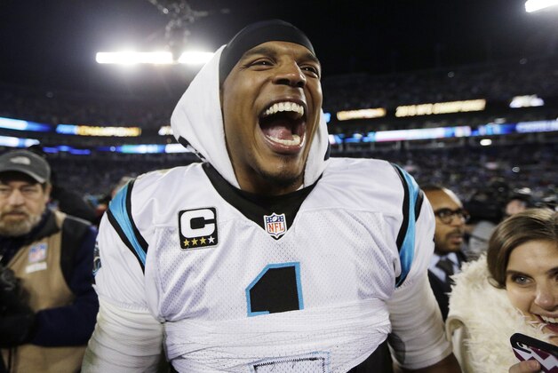 Carolina Panthers' Cam Newton celebrates after the NFL football NFC Championship game against the Arizona Cardinals, Sunday, Jan. 24, 2016, in Charlotte, N.C. The Panthers won 49-15 to advance to the Super Bowl. (AP Photo/Chuck Burton)