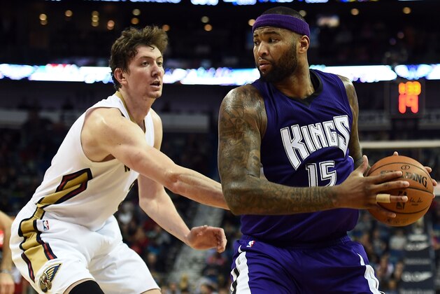 NEW ORLEANS, LA - JANUARY 28:  DeMarcus Cousins #15 of the Sacramento Kings works against Omer Asik #3 of the New Orleans Pelicans during the second half of a game at the Smoothie King Center on January 28, 2016 in New Orleans, Louisiana. The Pelicans defeated the Kings 114-105. NOTE TO USER: User expressly acknowledges and agrees that, by downloading and or using this photograph, User is consenting to the terms and conditions of the Getty Images License Agreement.  (Photo by Stacy Revere/Getty Images)