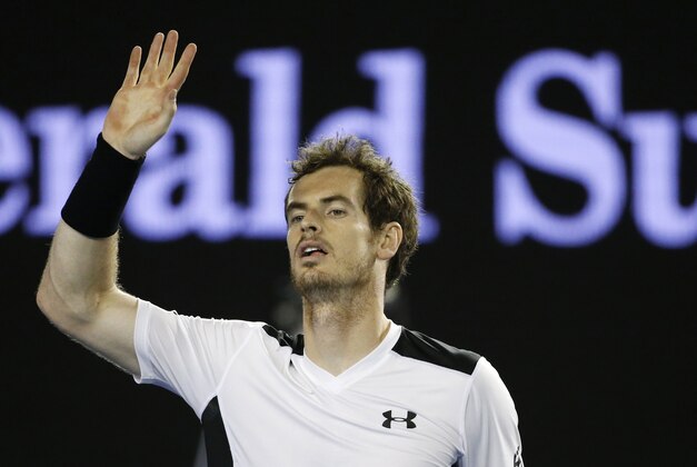 Andy Murray of Britain celebrates after defeating Milos Raonic of Canada in their semifinal match at the Australian Open tennis championships in Melbourne, Australia, Friday, Jan. 29, 2016.(AP Photo/Vincent Thian)