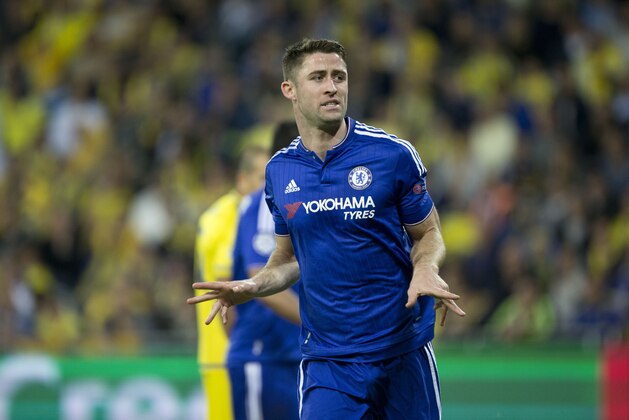 Chelsea’s Gary Cahill celebrates his opening goal against Maccabi Tel Aviv during group G Champions League soccer match in Haifa, Israel, Tuesday, Nov. 24, 2015. (AP Photo/Ariel Schalit)