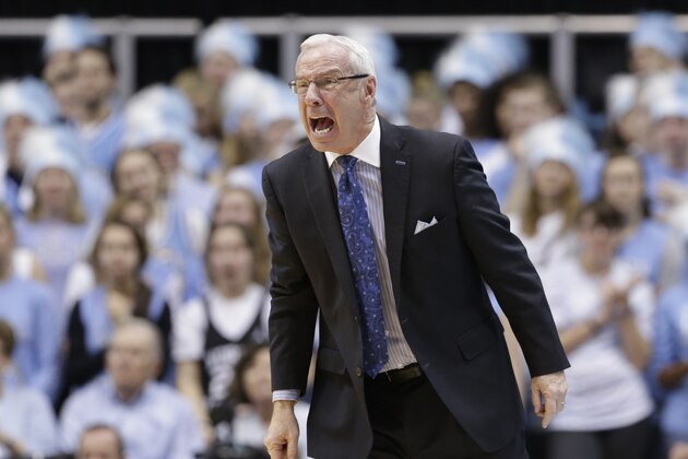 North Carolina coach Roy Williams yells during the first half of an NCAA college basketball game against  North Carolina State in Chapel Hill, N.C., Saturday, Jan. 16, 2016. (AP Photo/Gerry Broome)