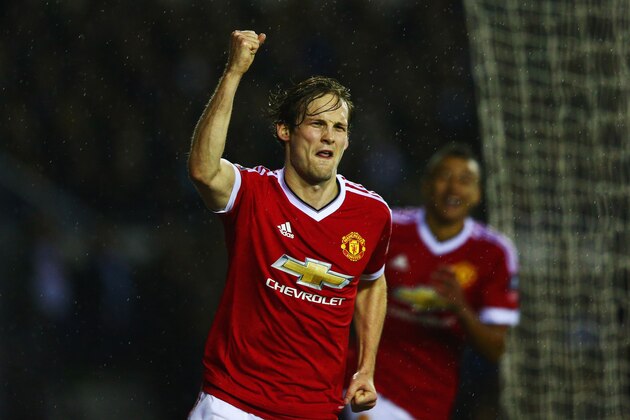 DERBY, ENGLAND - JANUARY 29:  Daley Blind of Manchester United celebrates as he scores their second goal during the Emirates FA Cup fourth round match between Derby County and Manchester United at iPro Stadium on January 29, 2016 in Derby, England.  (Photo by Clive Mason/Getty Images)