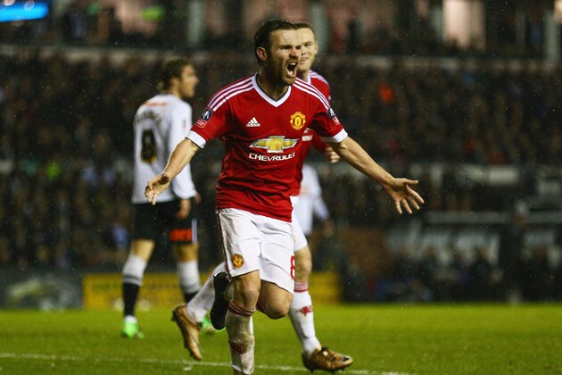 DERBY, ENGLAND - JANUARY 29:  Juan Mata of Manchester United celebrates as he scores their third goal during the Emirates FA Cup fourth round match between Derby County and Manchester United at iPro Stadium on January 29, 2016 in Derby, England.  (Photo by Clive Mason/Getty Images)